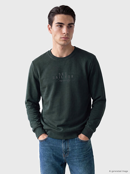 Bisiklet Yaka Bask?l? Erkek Sweatshirt