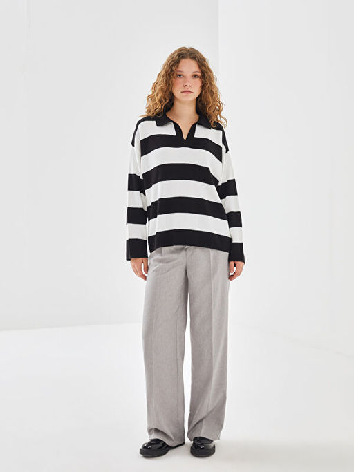 Polo Yaka ?izgili Kad?n Triko Kazak