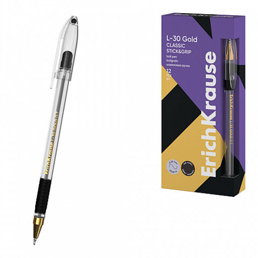 АКЦИЯ Цена за 12 шт. Ручка шариковая ErichKrause L-30 Gold Stick&Grip Classic 0.7, Super Glide Technology, цвет чернил черный (в коробке по 12 шт.)  фото 3