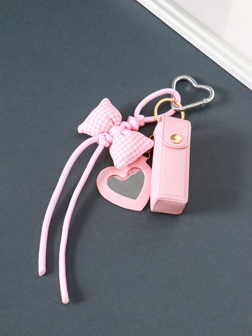 Брелок для ключей на кольце с карабином, с зеркалом «Для помады. Бант», на рюкзак, сумку, кожзам, розовый, 23×3×3.5 см