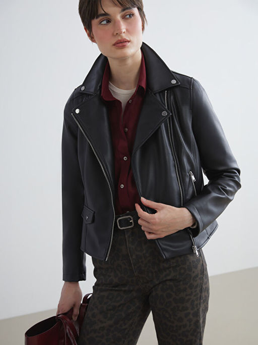 Biker Yaka Kad?n Deri G?r?n?ml? Ceket