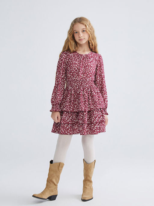 Bisiklet Yaka ?i?ekli K?z ?ocuk Elbise