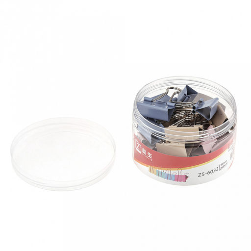 Зажим для бумаги 32мм металл, цвет - цветные, набор 24 штук, в пластиковой банке д9,8см h6,2см (Китай)