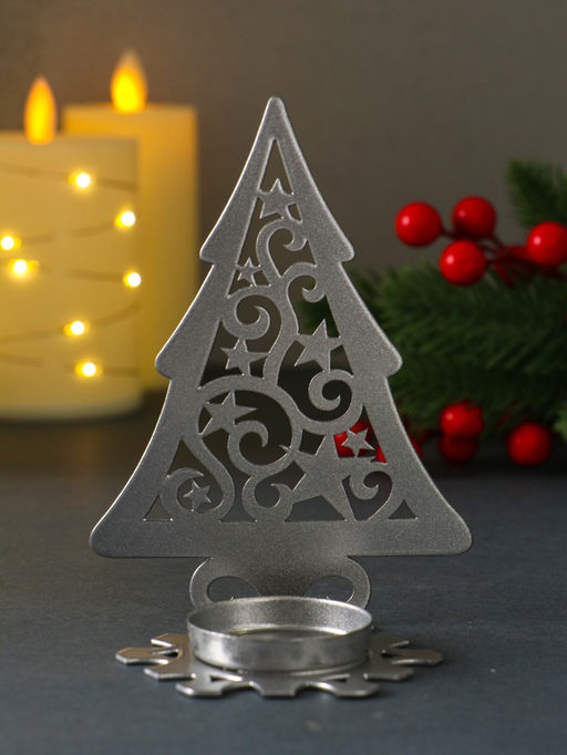 Подсвечник на 1 свечу Ёлка новогодняя со звёздами, металл, серебряный, 6.6?9?12.5 см