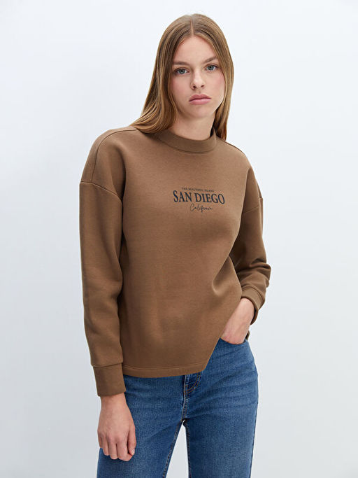 Bisiklet Yaka Bask?l? Oversize Kad?n Kal?n Sweatshirt