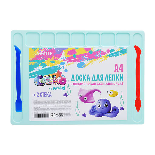 Доска для лепки "Pastel" A4 (280x200 мм) пластиковая толщиной 4 мм, 2 стека в комплекте и отделения для пластилина, цвета пастельное ассорти, индивидуальная упаковка