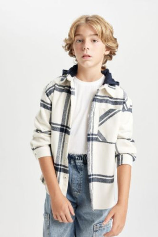 Erkek Cocuk Oversize Genis Kal?p Kareli Kapusonlu Flanel Uzun Kollu Gomlek