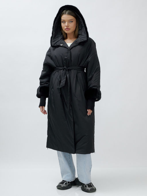 Пальто зимнее женское с норкой большого размера черного цвета 25008Ch - Mtforce фото 2