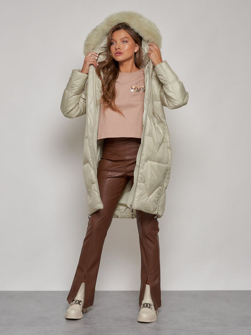 Пальто утепленное с капюшоном зимнее женское светло-зеленого 13305ZS - Visdeer фото 15