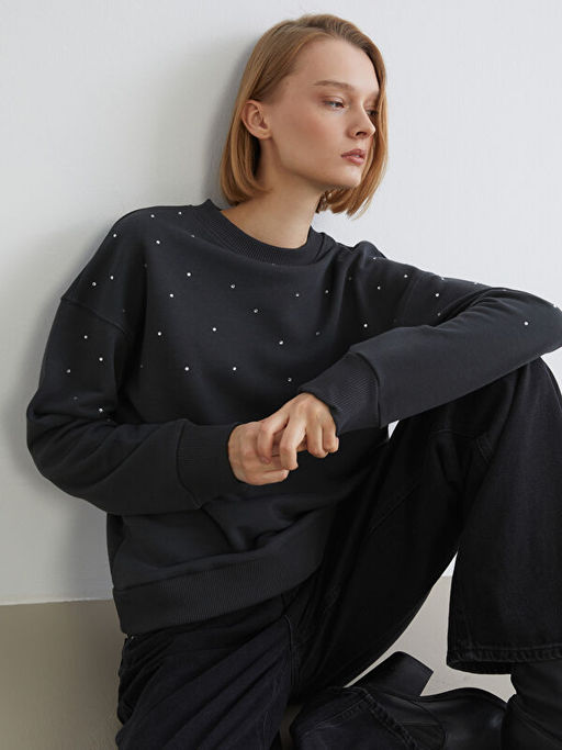 Bisiklet Yaka Ta?l? Oversize Kad?n Sweatshirt