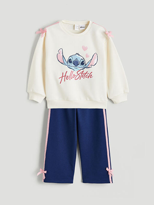 Stitch Bask?l? K?z ?ocuk Sweatshirt ve Pantolon Tak?m