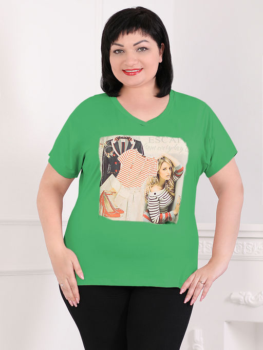 Футболка изумрудная из хлопка с рисунком женская