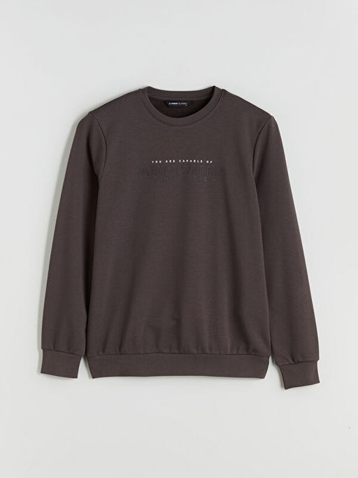 Bisiklet Yaka Bask?l? Erkek Kal?n Sweatshirt