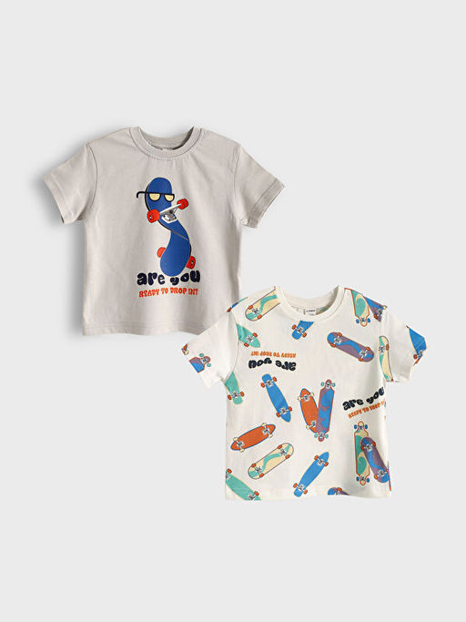 Bisiklet Yaka Bask?l? Erkek ?ocuk Ti??rt 2li