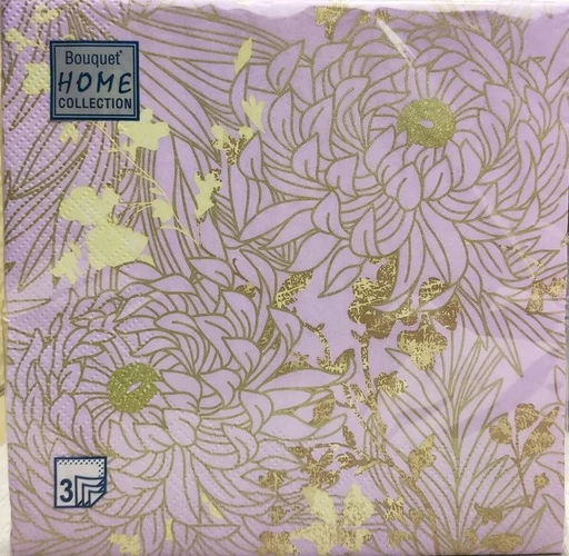 Ф6010 Салфетки Bouquet Home 20л 3-х сл."Золотые цветы на сиреневом".12