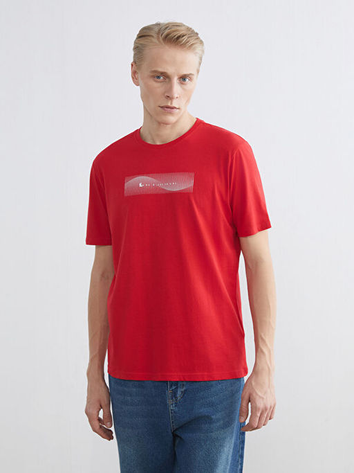 Bisiklet Yaka Bask?l? Penye Erkek Ti??rt