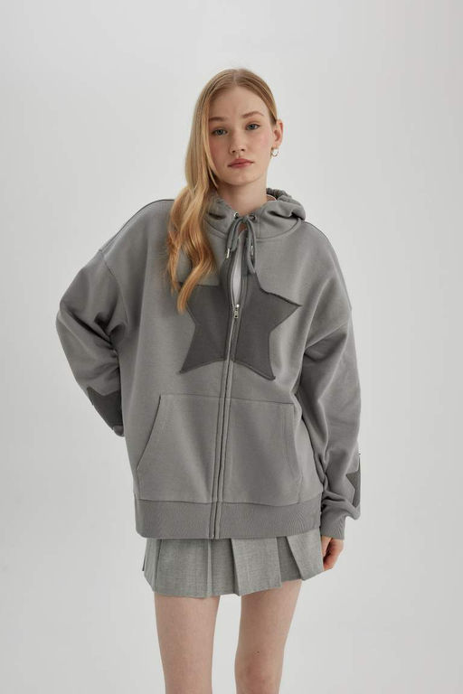 Толстовка на молнии с капюшоном и принтом Cool Oversize - Defacto фото 5
