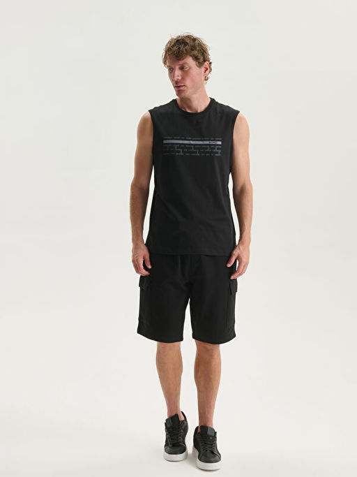 Bisiklet Yaka Bask?l? Penye Erkek Kolsuz Ti??rt