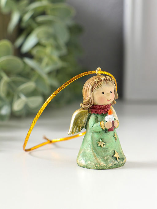 Цена за 2 шт. Фигурка - подвеска полистоун «Ангелочек со звёздами на зелёном платье, со свечой в руках», ёлочная игрушка, 3.8×2.6×5 см