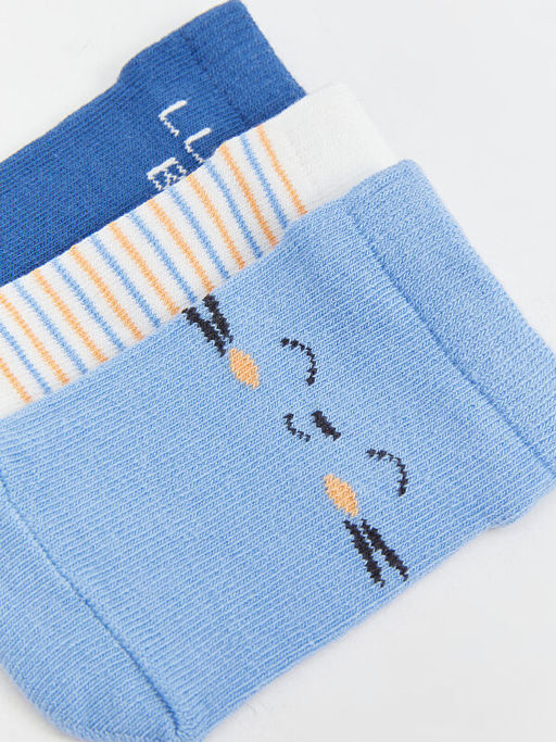 Bask?l? Erkek Bebek Patik ?orap 3l?