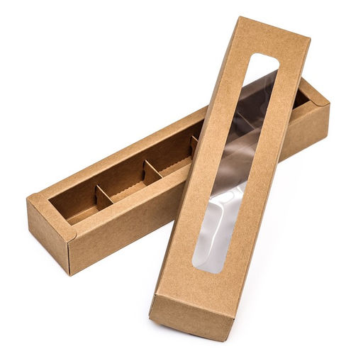 Коробка для 5 конфет, с окном, с тонкими разделителями, крафт 21×5×3.3 см