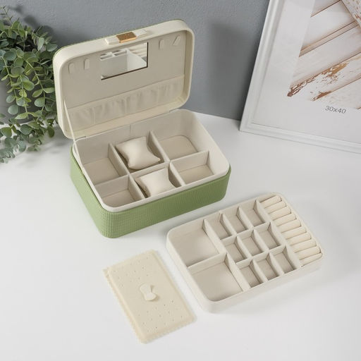 Шкатулка для украшений «Бантик», с зеркалом, искусственная кожа, бело-зелёная, 17×23.5×10 см