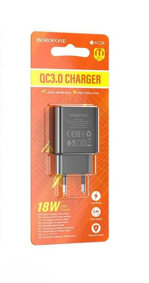 Зарядное устройство сетевое Borofone "Spring" (BA72A, 6974443388541) 3.0А, QC3.0, 1 USB, черное
