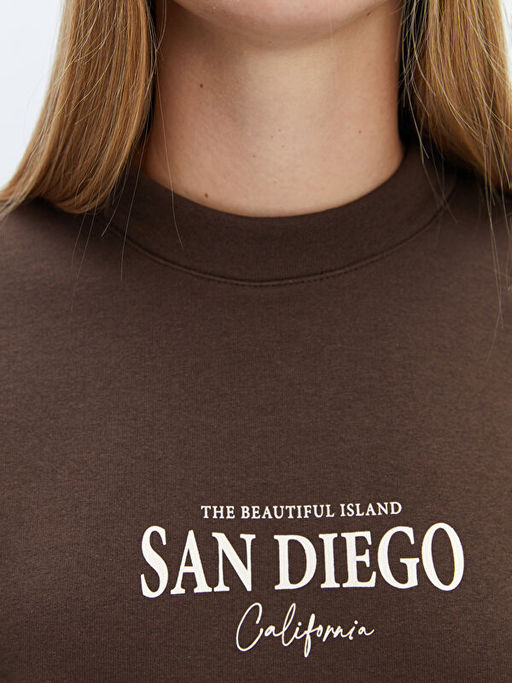 Bisiklet Yaka Bask?l? Oversize Kad?n Kal?n Sweatshirt