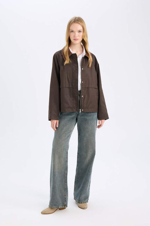 Классический покрой, воротник-поло, карманы на кнопках, вощеная бархатная сезонная тонкая куртка, пальто - Defacto фото 2