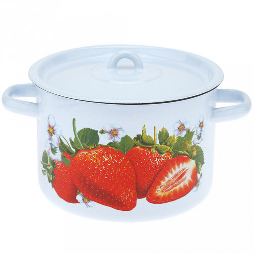 "Клубника садовая" Набор эмалированных кастрюль 3 предмета: 1,5л, д16см, h10см, 2,9л, д20см, h13см, 4,5л, д22см, h14см, цилиндрическая форма, металлическая крышка, серо-голубой (Россия)