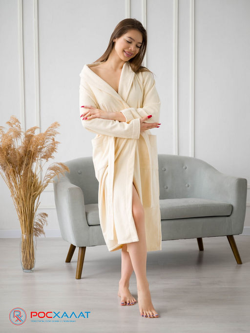 Женский махровый халат с шалькой кремовый МЗ-02 (131)