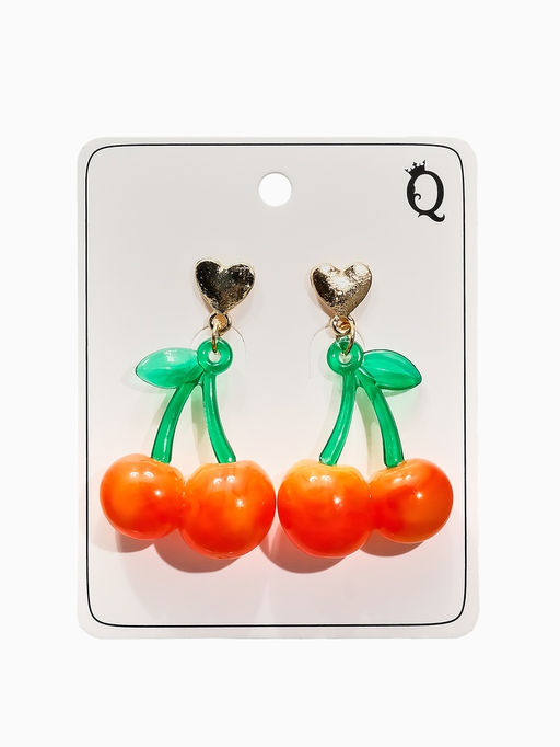 Серьги «Вишня и сердечки», красно-жёлтые в золоте