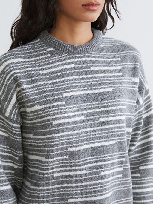 Bisiklet Yaka ?izgili Oversize Kad?n Triko Kazak