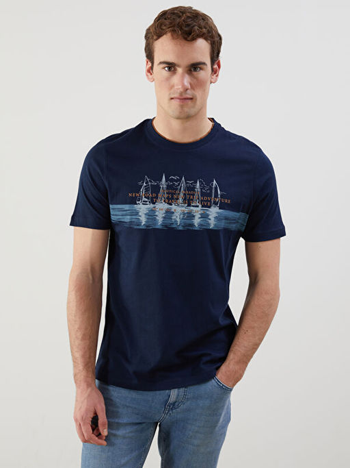 Bisiklet Yaka K?sa Kollu Bask?l? Penye Erkek Ti??rt