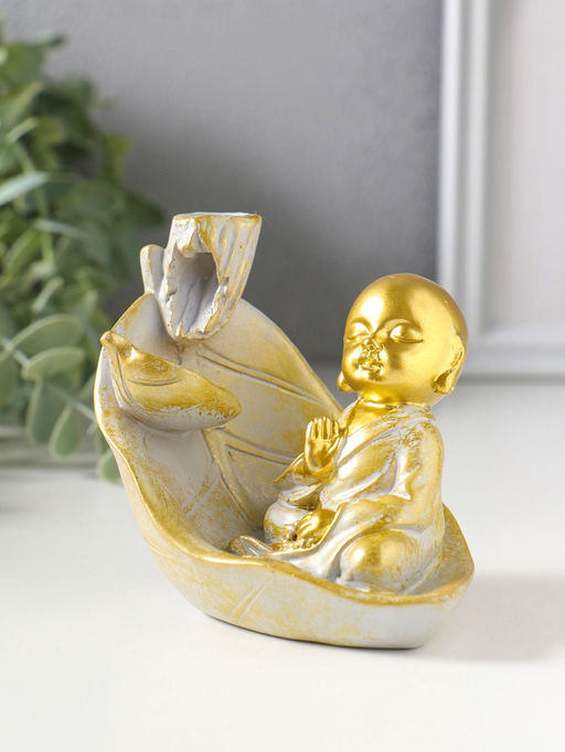 Подставка для благовоний "Маленький хотей на листе" стелющийся дым беж с патиной 10х7,5х9 см   10964