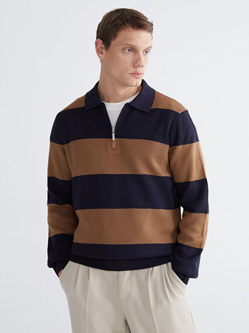 Polo Yaka ?izgili Erkek Triko Kazak