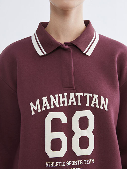 Polo Yaka Manhattan Bask?l? Kad?n Kal?n Sweatshirt