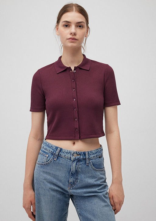 Bordo Crop Polo Tisort - Mavi фото 3