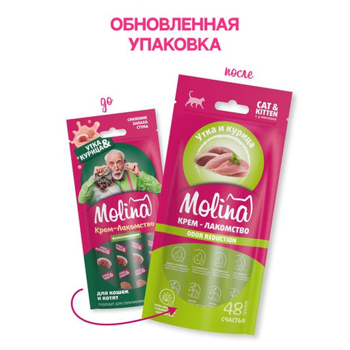 MOLINA, Функц. крем-лакомство с уткой и курицей д/взр.кош, Снижение запаха фекалий, 48г, 74112
