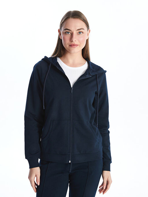 Kap??onlu D?z Uzun Kollu Kad?n Fermuarl? Sweatshirt