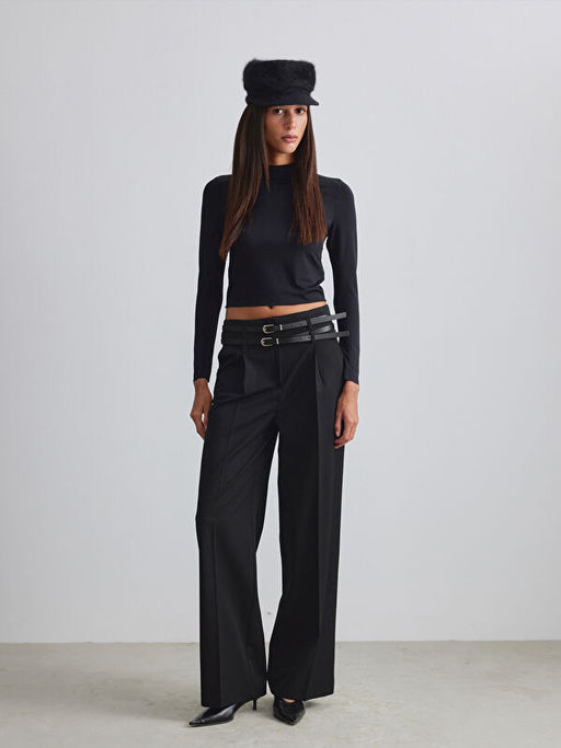 Beli Kemerli Geni? Pa?a Kad?n Pileli Pantolon