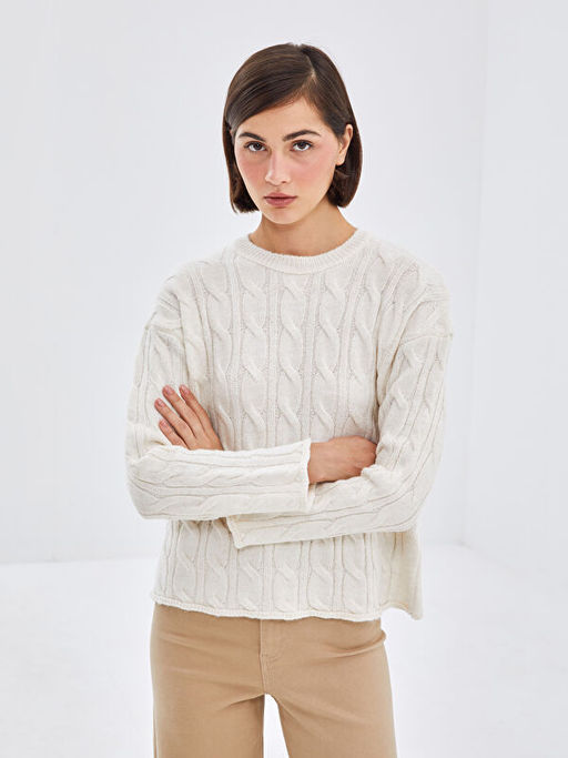 Bisiklet Yaka Kendinden Desenli Oversize Kad?n Triko Kazak