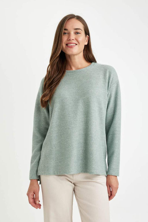 Женский простой свитшот свободного покроя с круглым вырезом в рубчик на бретельках с боковыми разрезами - Defacto фото 3