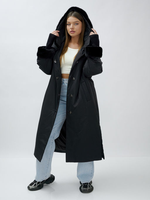 Пальто зимнее женское с норкой большого размера черного цвета 25008Ch - Mtforce фото 13