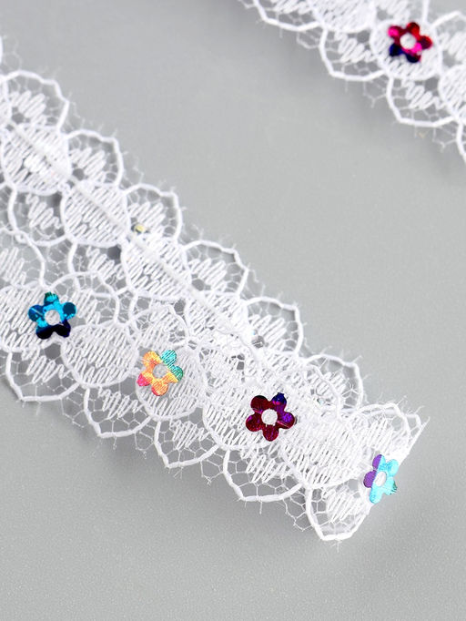 Тесьма гипюровая белая с пайетками 1.5 см, в упаковке 25 метров