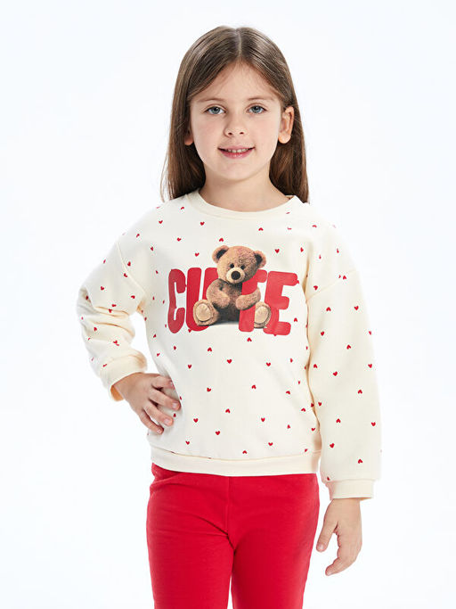 Bisiklet Yaka Kal?n Bask?l? K?z ?ocuk Sweatshirt