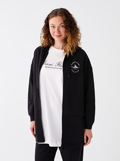 Kap??onlu Bask?l? Uzun Kollu Oversize Kad?n Fermuarl? Sweatshirt