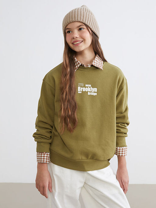 Bisiklet Yaka Bask?l? K?z ?ocuk Kal?n Sweatshirt