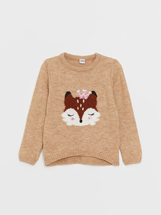 Bisiklet Yaka Desenli Uzun Kollu K?z ?ocuk Triko Kazak