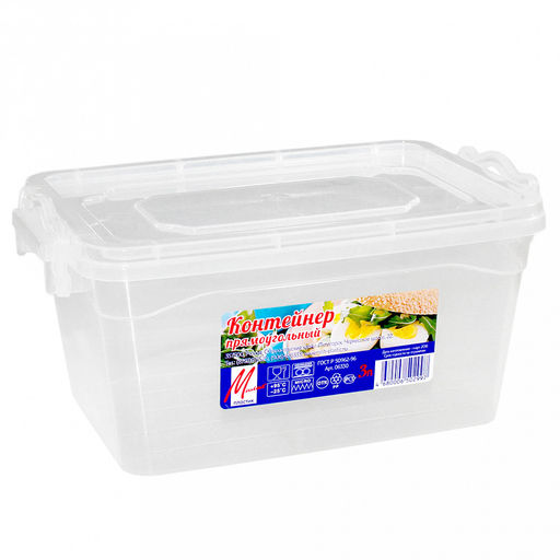 Контейнер для продуктов пластмассовый 3л, 26х17х12см, прямоугольный, 2 защелки, прозрачный (Россия)